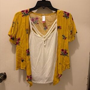 No Boundaries Yellow Floral Cardigan with White Tank